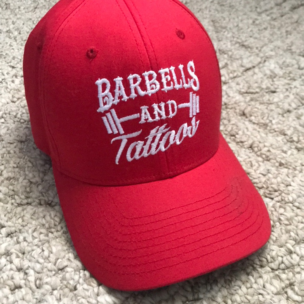 “Barbells and Tattoos” fitted cap. Sz s-m
